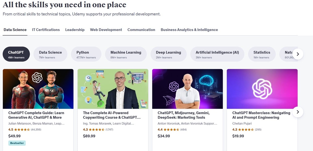 Course marketplace titled: "All the skills you need in one place"